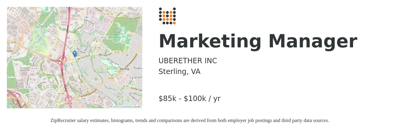 UBERETHER INC job posting for a Marketing Manager in Sterling, VA with a salary of $85,000 to $100,000 Yearly with a map of Sterling location.