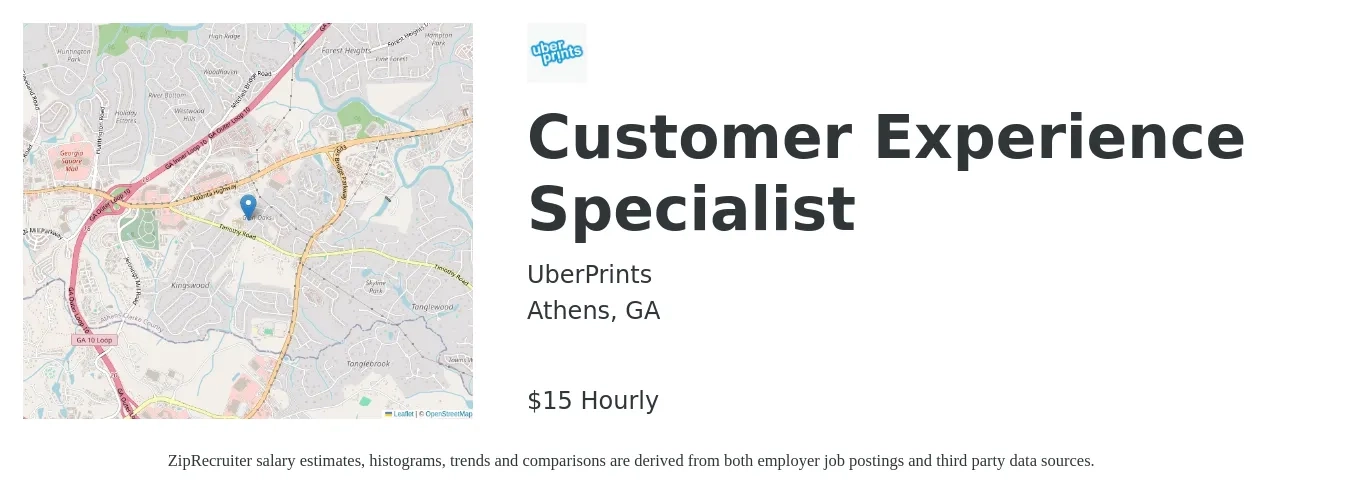 UberPrints job posting for a Customer Experience Specialist in Athens, GA with a salary of $16 Hourly with a map of Athens location.
