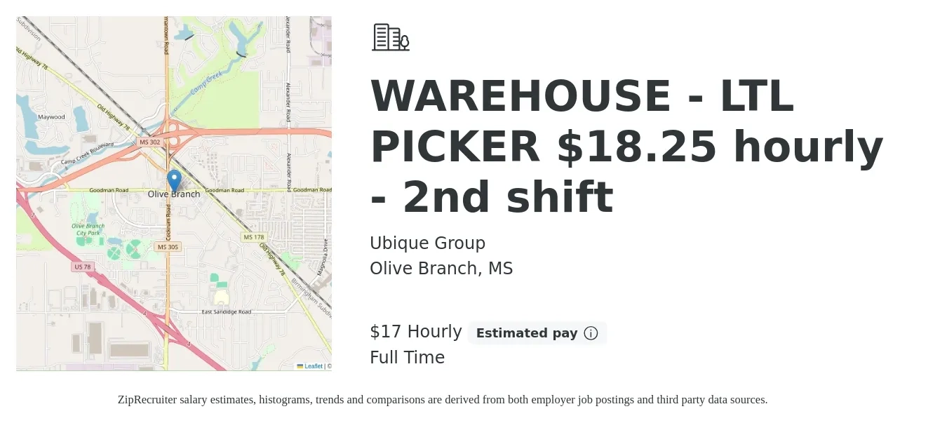 Ubique Group job posting for a WAREHOUSE - LTL PICKER $18.25 hourly - 2nd shift in Olive Branch, MS with a salary of $18 Hourly with a map of Olive Branch location.