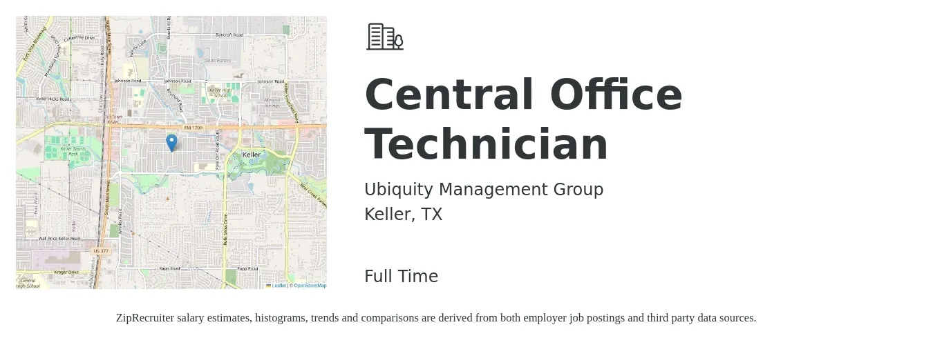 Ubiquity Management Group job posting for a Central Office Technician in Keller, TX with a salary of $14 to $24 Hourly with a map of Keller location.