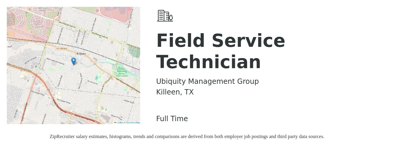 Ubiquity Management Group job posting for a Field Service Technician in Killeen, TX with a salary of $18 to $26 Hourly with a map of Killeen location.