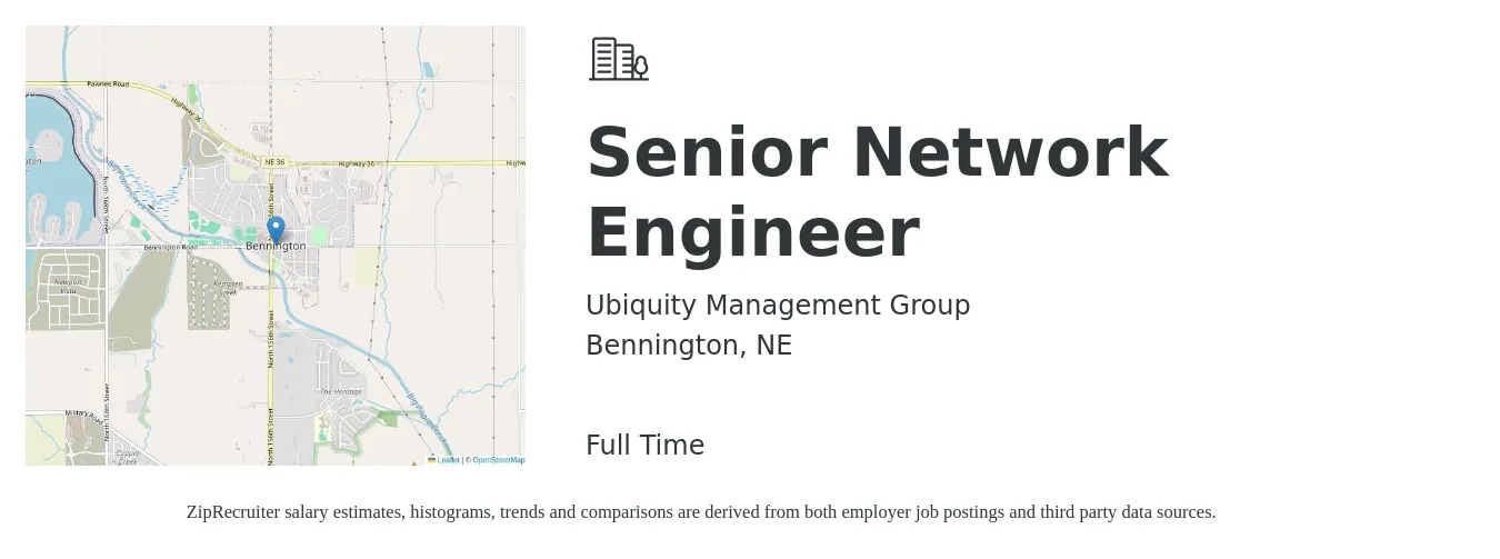 Ubiquity Management Group job posting for a Senior Network Engineer in Bennington, NE with a salary of $100,400 to $137,600 Yearly with a map of Bennington location.
