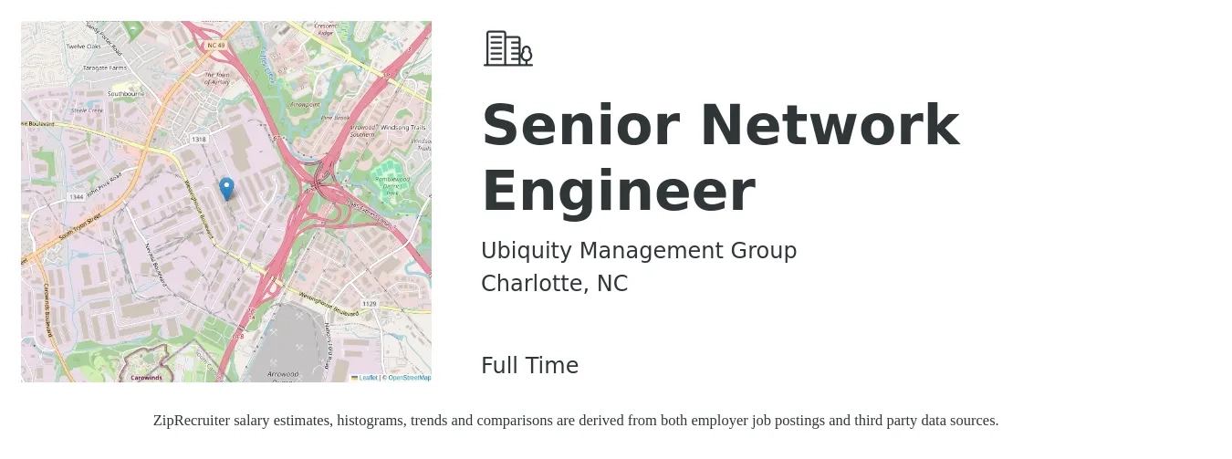 Ubiquity Management Group job posting for a Senior Network Engineer in Charlotte, NC with a salary of $101,600 to $139,200 Yearly with a map of Charlotte location.
