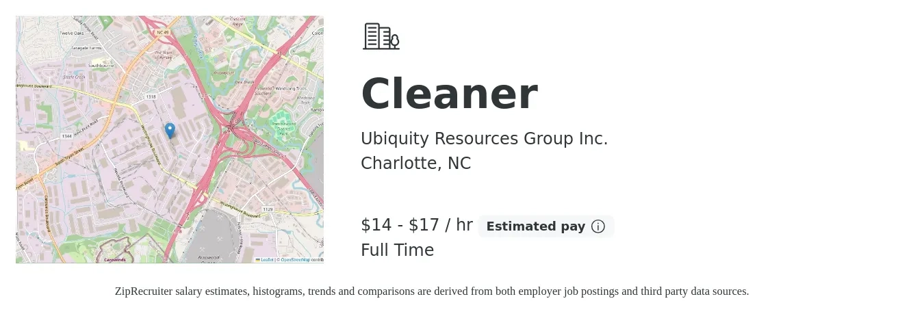 Ubiquity Resources Group Inc. job posting for a Cleaner in Charlotte, NC with a salary of $15 to $18 Hourly with a map of Charlotte location.