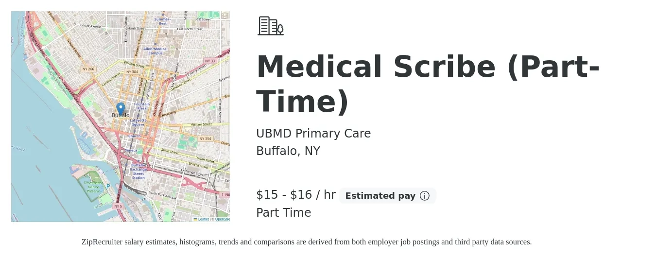 UBMD Primary Care job posting for a Medical Scribe (Part-Time) in Buffalo, NY with a salary of $16 to $18 Hourly with a map of Buffalo location.