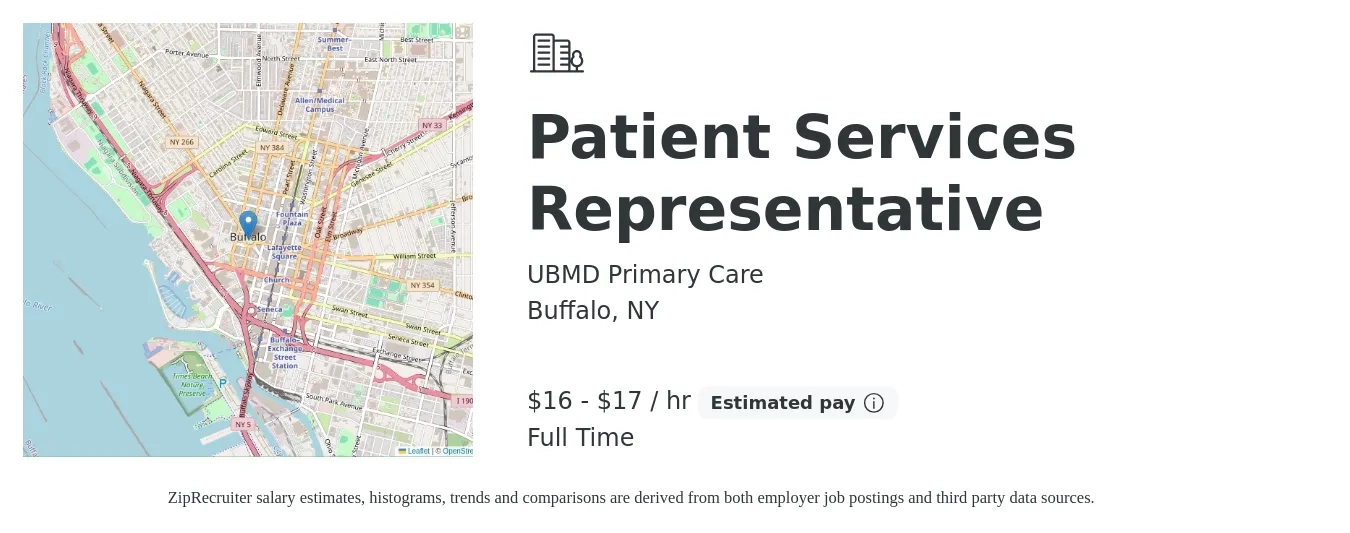 UBMD Primary Care job posting for a Patient Services Representative in Buffalo, NY with a salary of $17 to $18 Hourly with a map of Buffalo location.