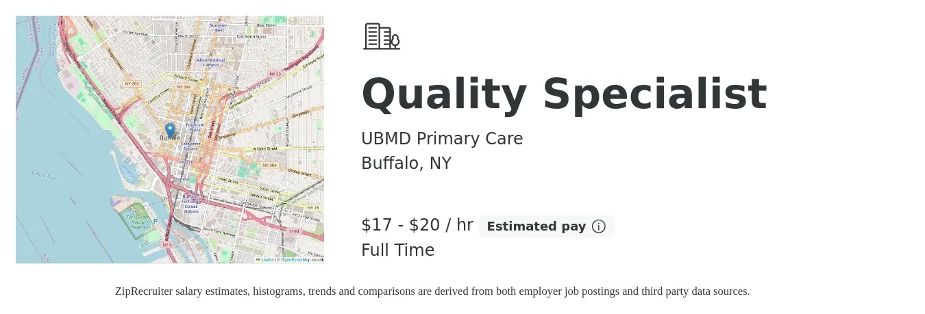 UBMD Primary Care job posting for a Quality Specialist in Buffalo, NY with a salary of $18 to $21 Hourly with a map of Buffalo location.