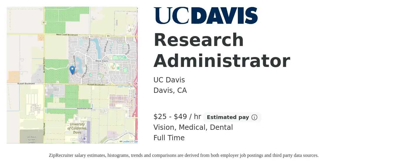 UC Davis job posting for a Research Administrator in Davis, CA with a salary of $27 to $51 Hourly and benefits including retirement, vision, dental, life_insurance, medical, and pto with a map of Davis location.