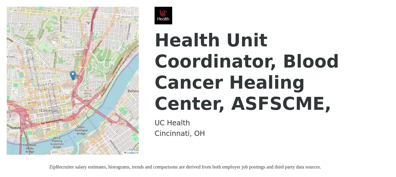 UC Health job posting for a Health Unit Coordinator, Blood Cancer Healing Center, ASFSCME in Cincinnati, OH with a salary of $16 to $21 Hourly with a map of Cincinnati location.