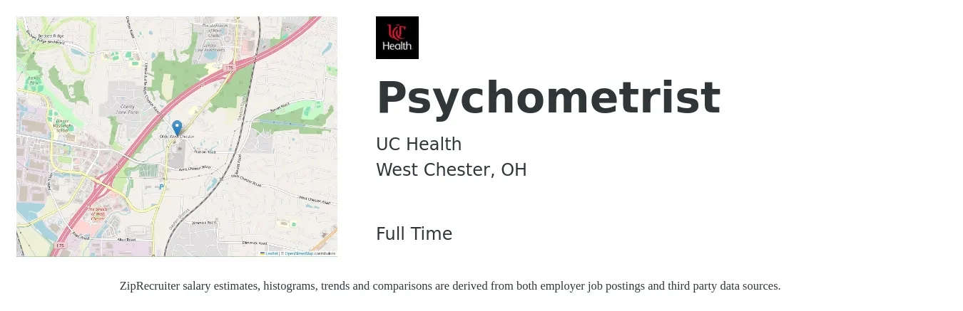 UC Health job posting for a Psychometrist in West Chester, OH with a salary of $21 to $33 Hourly with a map of West Chester location.