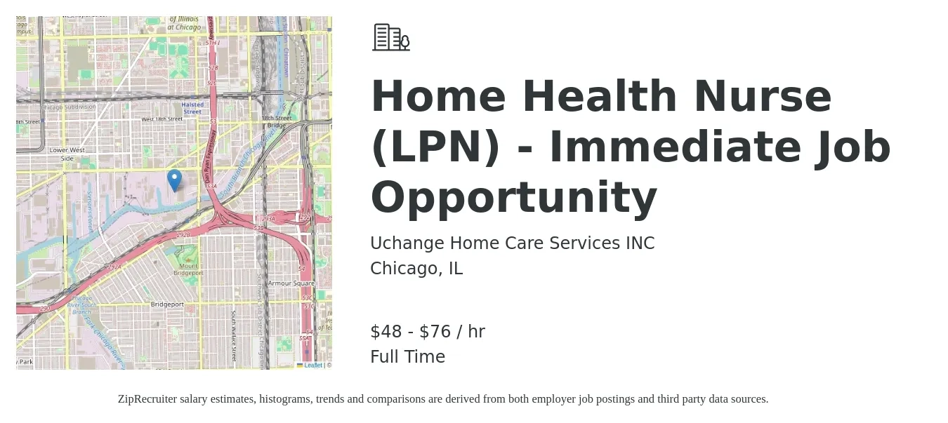 Uchange Home Care Services INC job posting for a Home Health Nurse (LPN) - Immediate Job Opportunity in Chicago, IL with a salary of $50 to $80 Hourly with a map of Chicago location.