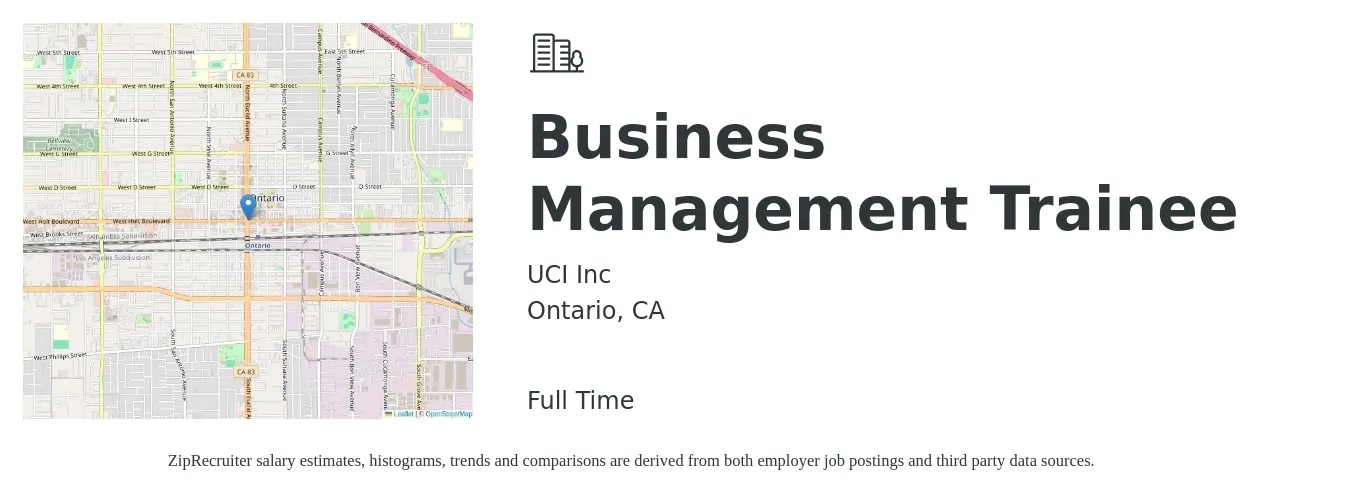 UCI Inc job posting for a Business Management Trainee in Ontario, CA with a salary of $45,000 to $55,000 Yearly with a map of Ontario location.