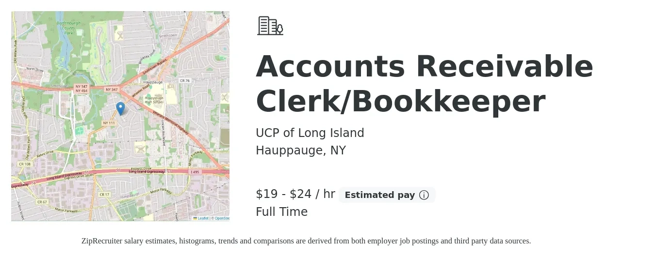 UCP of Long Island job posting for a Accounts Receivable Clerk/Bookkeeper in Hauppauge, NY with a salary of $20 to $26 Hourly with a map of Hauppauge location.
