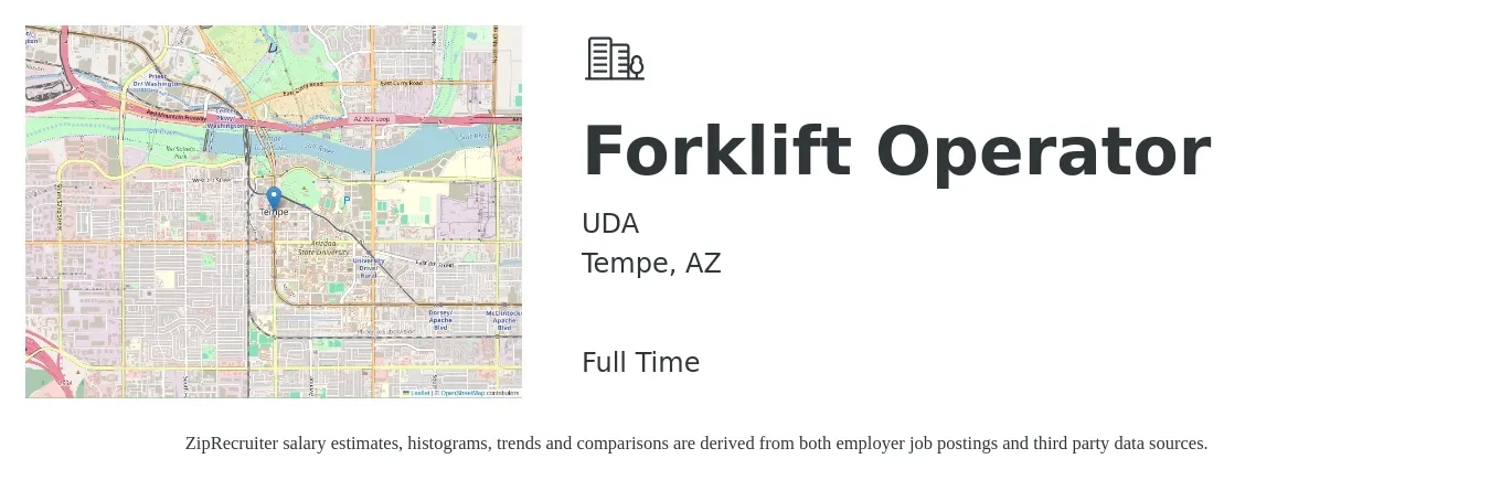 UDA job posting for a Forklift Operator in Tempe, AZ with a salary of $22 Hourly with a map of Tempe location.