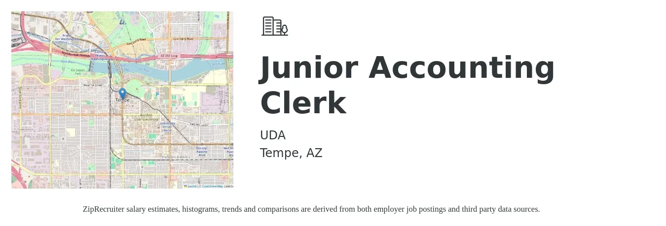 UDA job posting for a Junior Accounting Clerk in Tempe, AZ with a salary of $16 to $24 Hourly with a map of Tempe location.