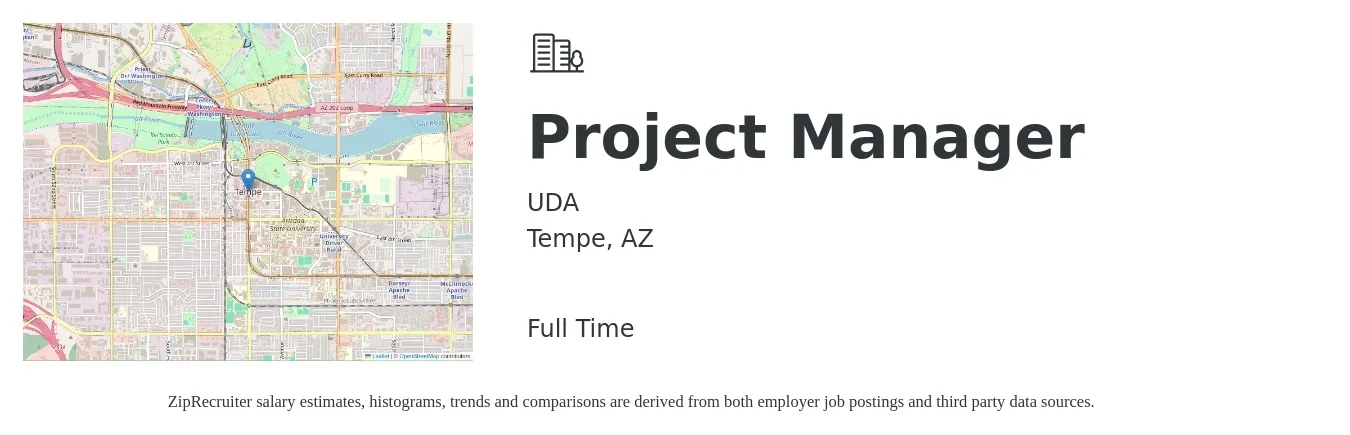 UDA job posting for a Project Manager in Tempe, AZ with a salary of $75,200 to $117,800 Yearly with a map of Tempe location.