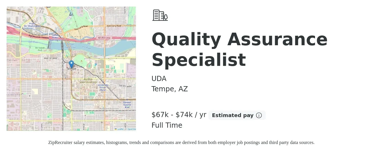 UDA job posting for a Quality Assurance Specialist in Tempe, AZ with a salary of $67,000 to $74,000 Yearly with a map of Tempe location.