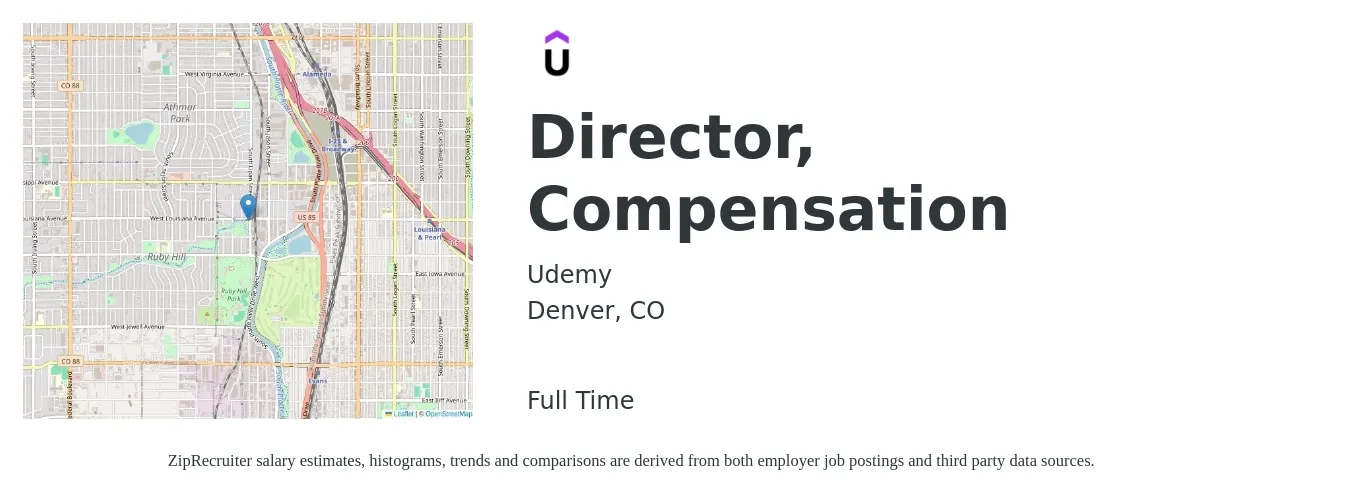 Udemy job posting for a Director, Compensation in Denver, CO with a salary of $128,700 to $176,000 Yearly with a map of Denver location.