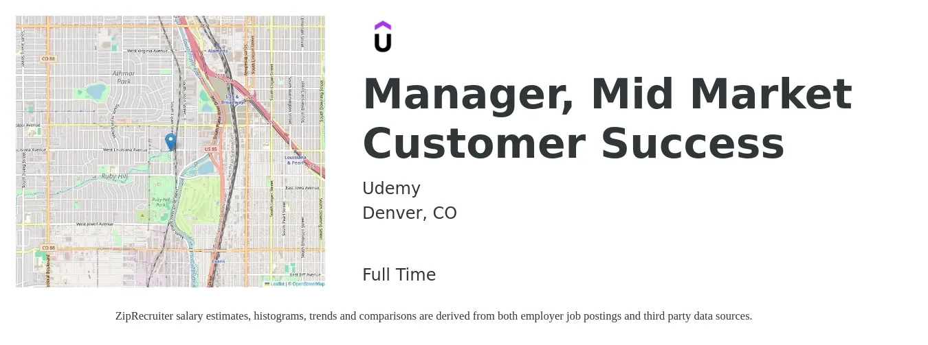Udemy job posting for a Manager, Mid Market Customer Success in Denver, CO with a salary of $61,200 to $101,900 Yearly with a map of Denver location.