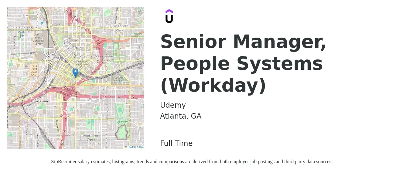 Udemy job posting for a Senior Manager, People Systems (Workday) in Atlanta, GA with a salary of $66,800 to $127,900 Yearly with a map of Atlanta location.