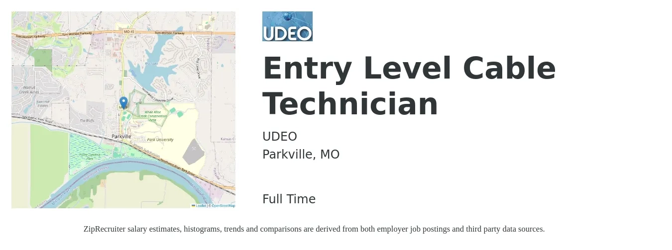 UDEO job posting for a Entry Level Cable Technician in Parkville, MO with a salary of $700 to $1,400 Weekly with a map of Parkville location.