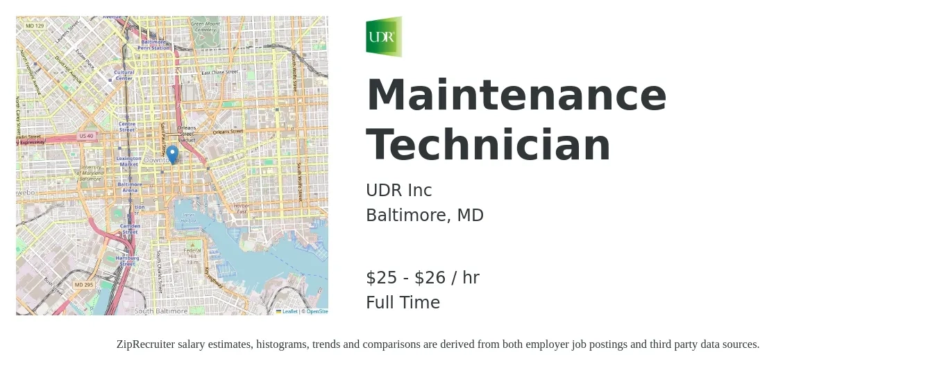UDR Inc job posting for a Maintenance Technician in Baltimore, MD with a salary of $26 to $28 Hourly with a map of Baltimore location.