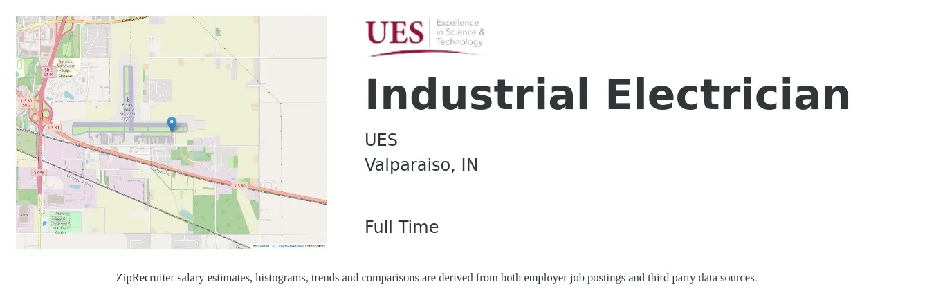 UES job posting for a Industrial Electrician in Valparaiso, IN with a salary of $23 to $30 Hourly with a map of Valparaiso location.