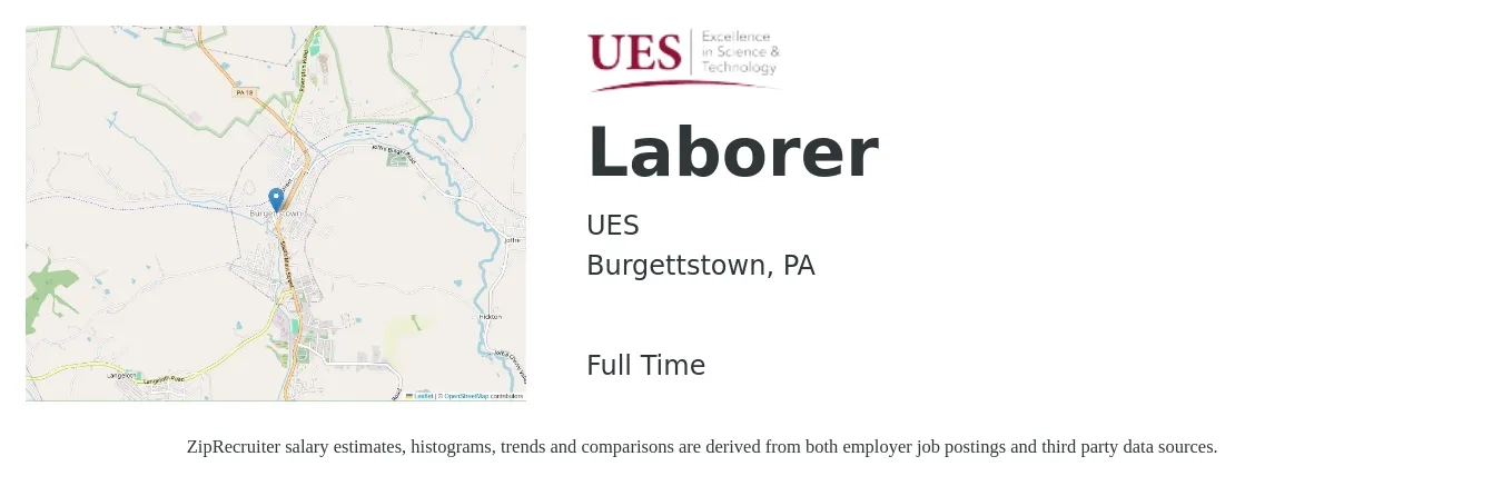 UES job posting for a Laborer in Burgettstown, PA with a salary of $15 to $19 Hourly with a map of Burgettstown location.