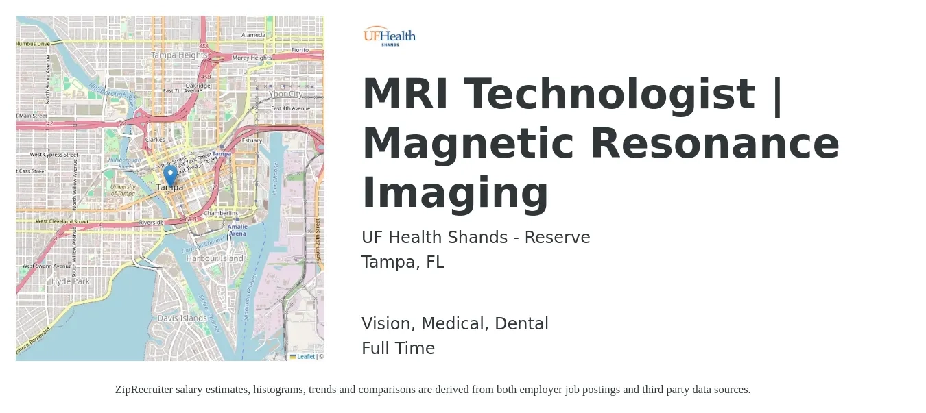 UF Health Shands - Reserve job posting for a MRI Technologist | Magnetic Resonance Imaging in Tampa, FL with a salary of $1,580 to $2,550 Weekly and benefits including vision, dental, life_insurance, medical, and retirement with a map of Tampa location.