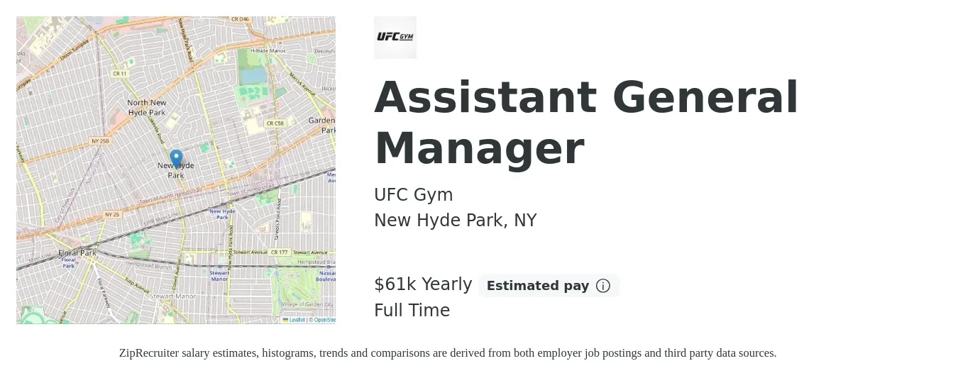 UFC Gym job posting for a Assistant General Manager in New Hyde Park, NY with a salary of $61,000 Yearly with a map of New Hyde Park location.