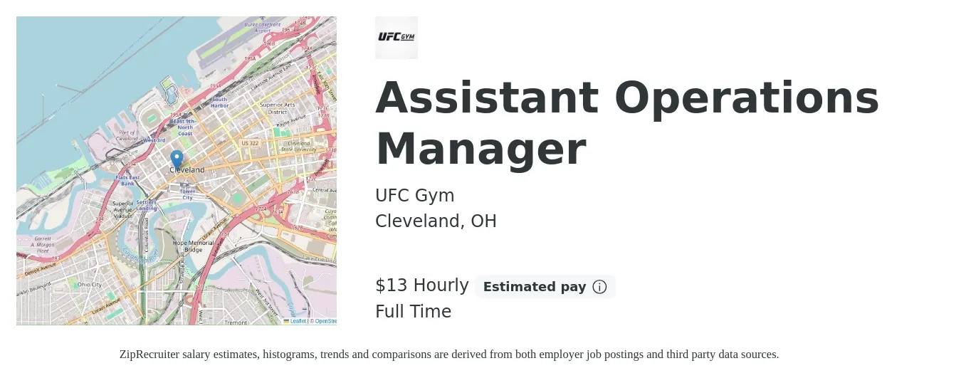 UFC Gym job posting for a Assistant Operations Manager in Cleveland, OH with a salary of $14 Hourly with a map of Cleveland location.