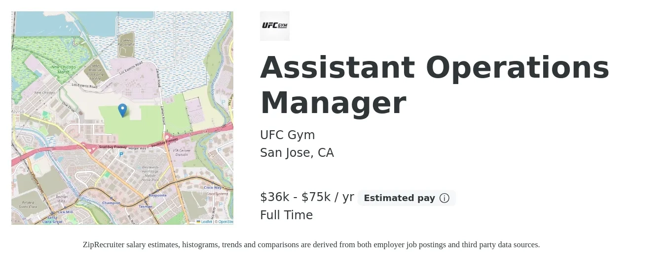 UFC Gym job posting for a Assistant Operations Manager in San Jose, CA with a salary of $36,480 to $75,000 Yearly with a map of San Jose location.