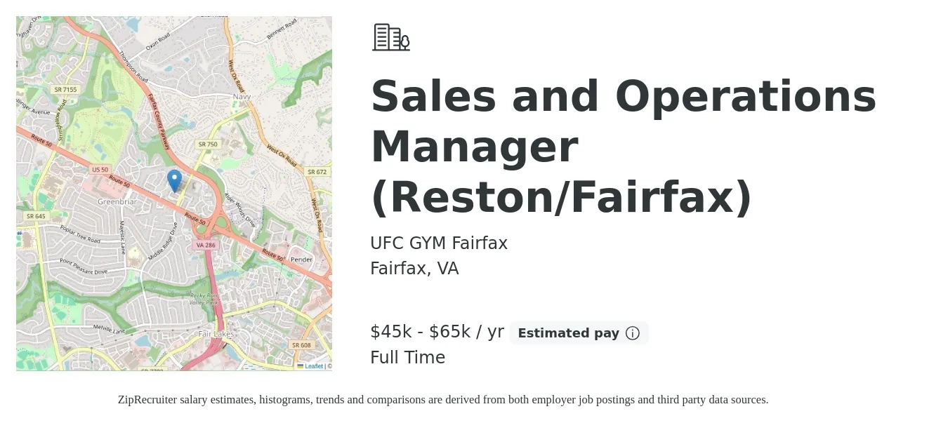 UFC GYM Fairfax job posting for a Sales and Operations Manager (Reston/Fairfax) in Fairfax, VA with a salary of $45,000 to $65,000 Yearly with a map of Fairfax location.