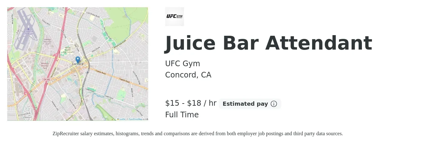 UFC Gym job posting for a Juice Bar Attendant in Concord, CA with a salary of $16 Hourly with a map of Concord location.