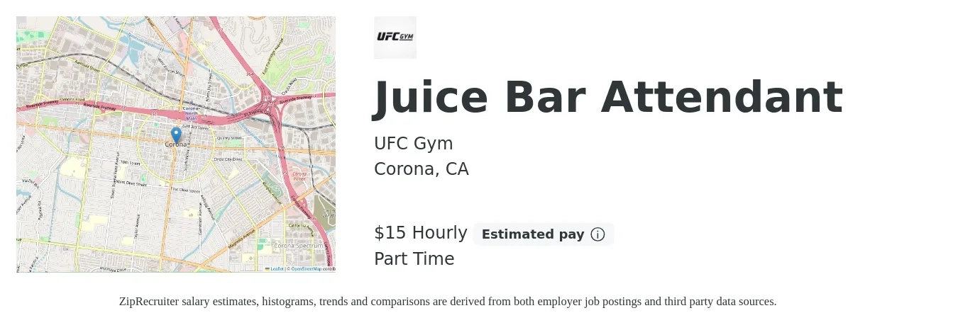 UFC Gym job posting for a Juice Bar Attendant in Corona, CA with a salary of $16 Hourly with a map of Corona location.