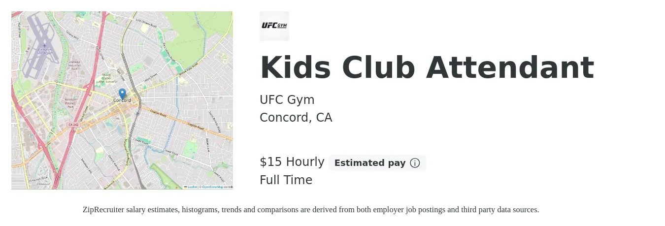 UFC Gym job posting for a Kids Club Attendant in Concord, CA with a salary of $16 Hourly with a map of Concord location.