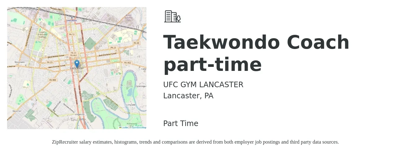 UFC GYM LANCASTER job posting for a Taekwondo Coach part-time in Lancaster, PA with a salary of $20 to $92 Hourly with a map of Lancaster location.