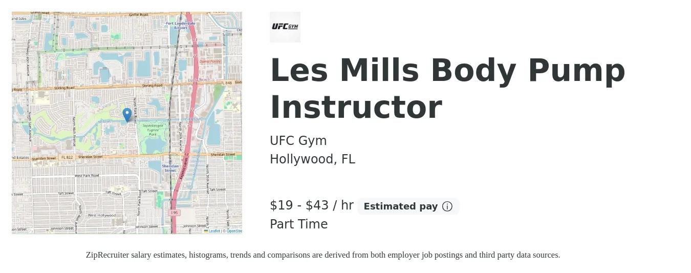 UFC Gym job posting for a Les Mills Body Pump Instructor in Hollywood, FL with a salary of $20 to $45 Hourly with a map of Hollywood location.