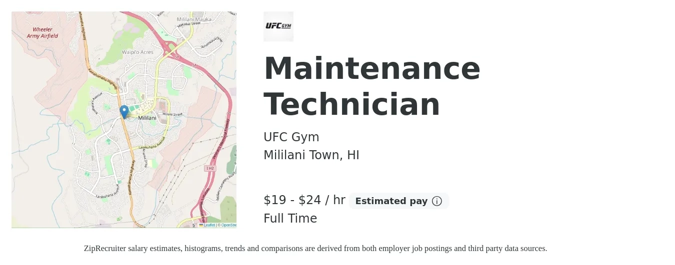 UFC Gym job posting for a Maintenance Technician in Mililani Town, HI with a salary of $14 to $17 Hourly with a map of Mililani Town location.