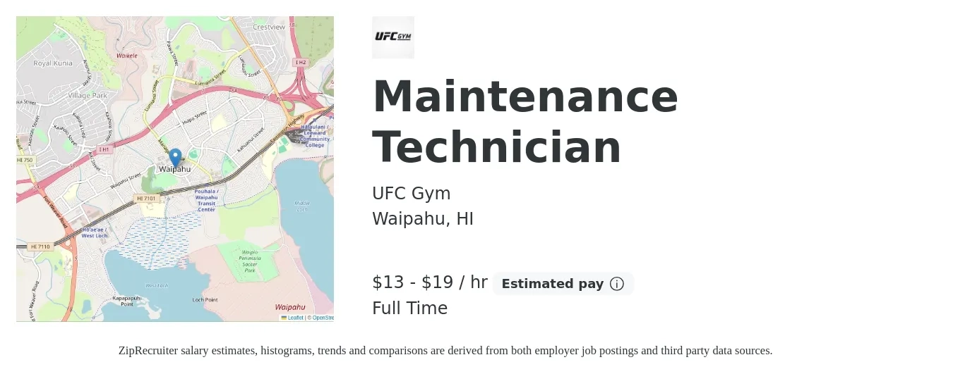 UFC Gym job posting for a Maintenance Technician in Waipahu, HI with a salary of $14 to $20 Hourly with a map of Waipahu location.