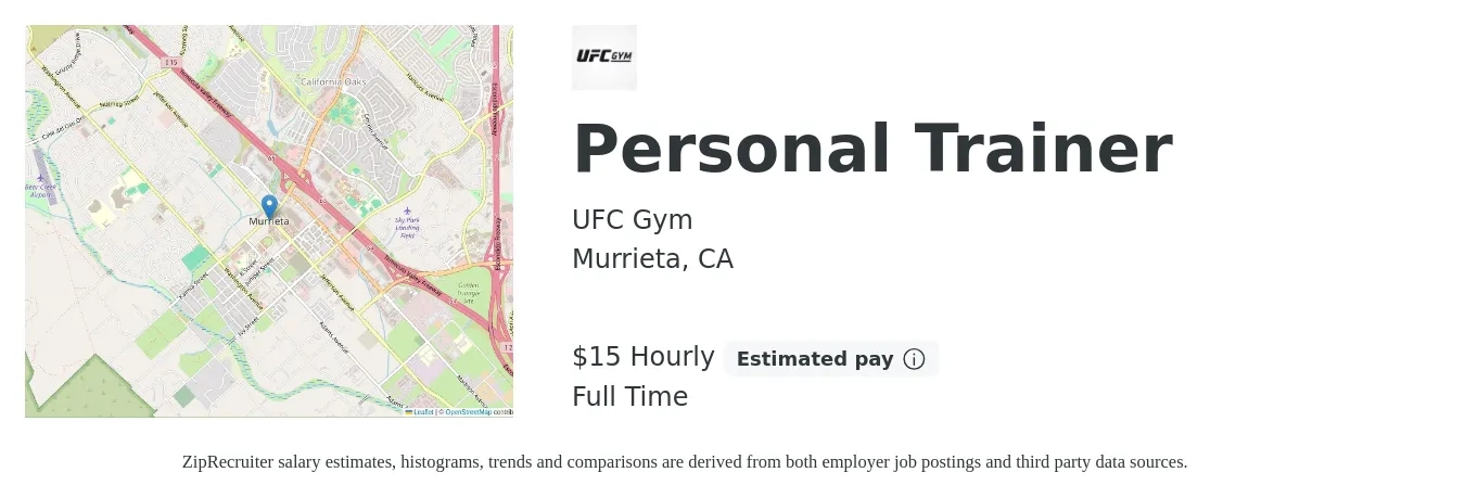 UFC Gym job posting for a Personal Trainer in Murrieta, CA with a salary of $16 Hourly with a map of Murrieta location.