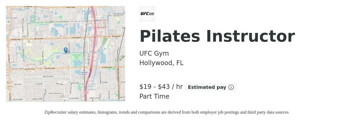 UFC Gym job posting for a Pilates Instructor in Hollywood, FL with a salary of $20 to $45 Hourly with a map of Hollywood location.