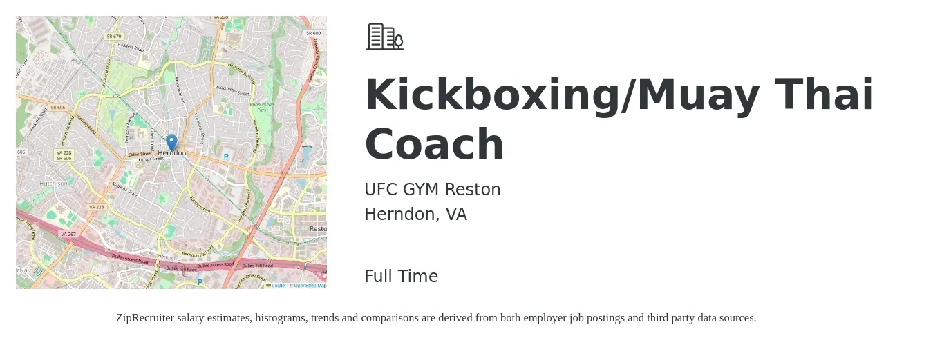 UFC GYM Reston job posting for a Kickboxing/Muay Thai Coach in Herndon, VA with a salary of $18 to $34 Hourly with a map of Herndon location.