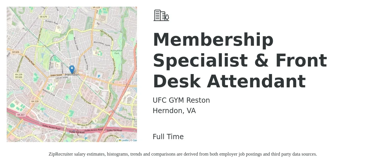 UFC GYM Reston job posting for a Membership Specialist & Front Desk Attendant in Herndon, VA with a salary of $16 to $20 Hourly with a map of Herndon location.