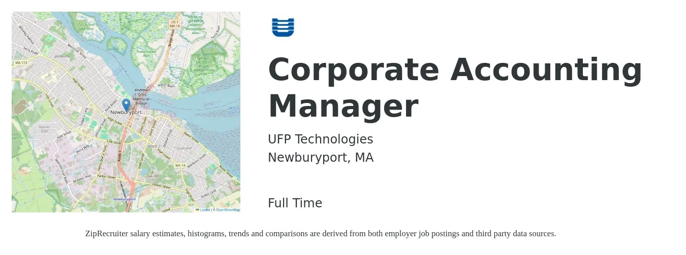UFP Technologies job posting for a Corporate Accounting Manager in Newburyport, MA with a salary of $95,500 to $143,000 Yearly with a map of Newburyport location.