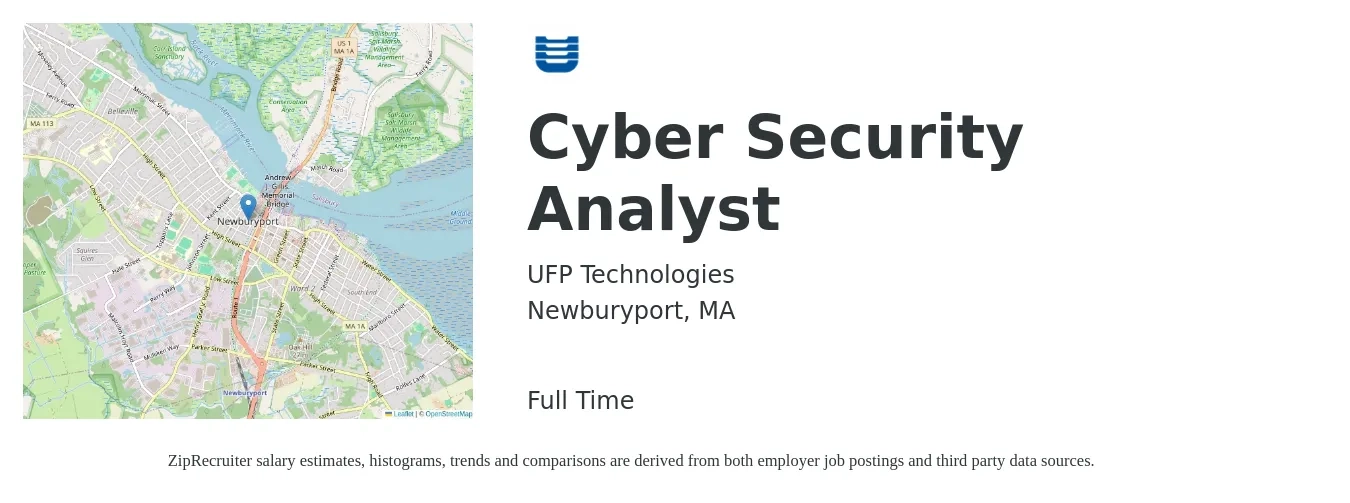 UFP Technologies job posting for a Cyber Security Analyst in Newburyport, MA with a salary of $83,900 to $121,900 Yearly with a map of Newburyport location.