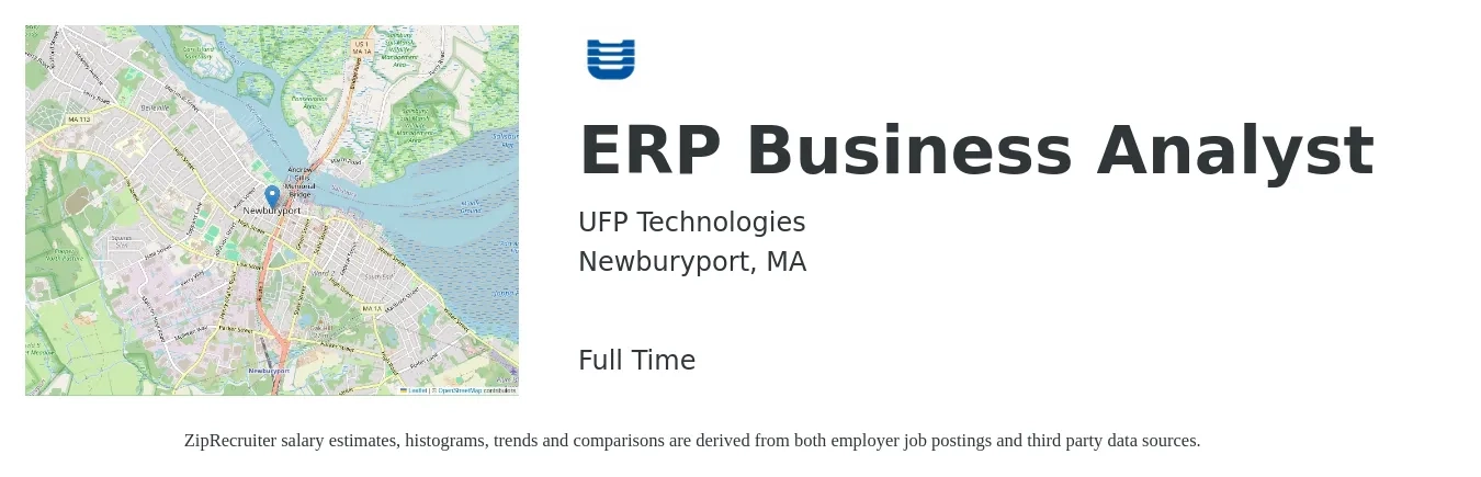 UFP Technologies job posting for a ERP Business Analyst in Newburyport, MA with a salary of $94,500 to $135,100 Yearly with a map of Newburyport location.