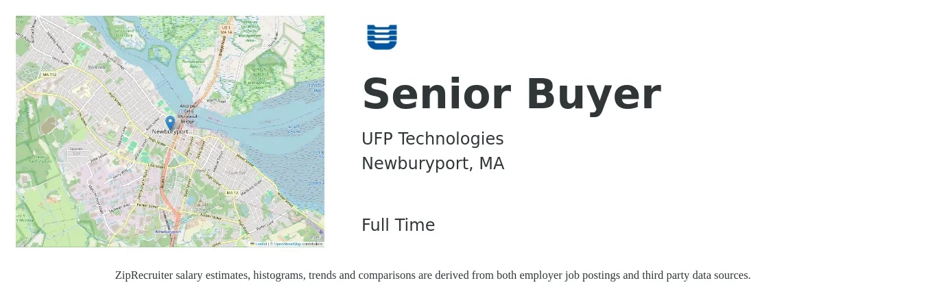 UFP Technologies job posting for a Senior Buyer in Newburyport, MA with a salary of $58,100 to $83,400 Yearly with a map of Newburyport location.