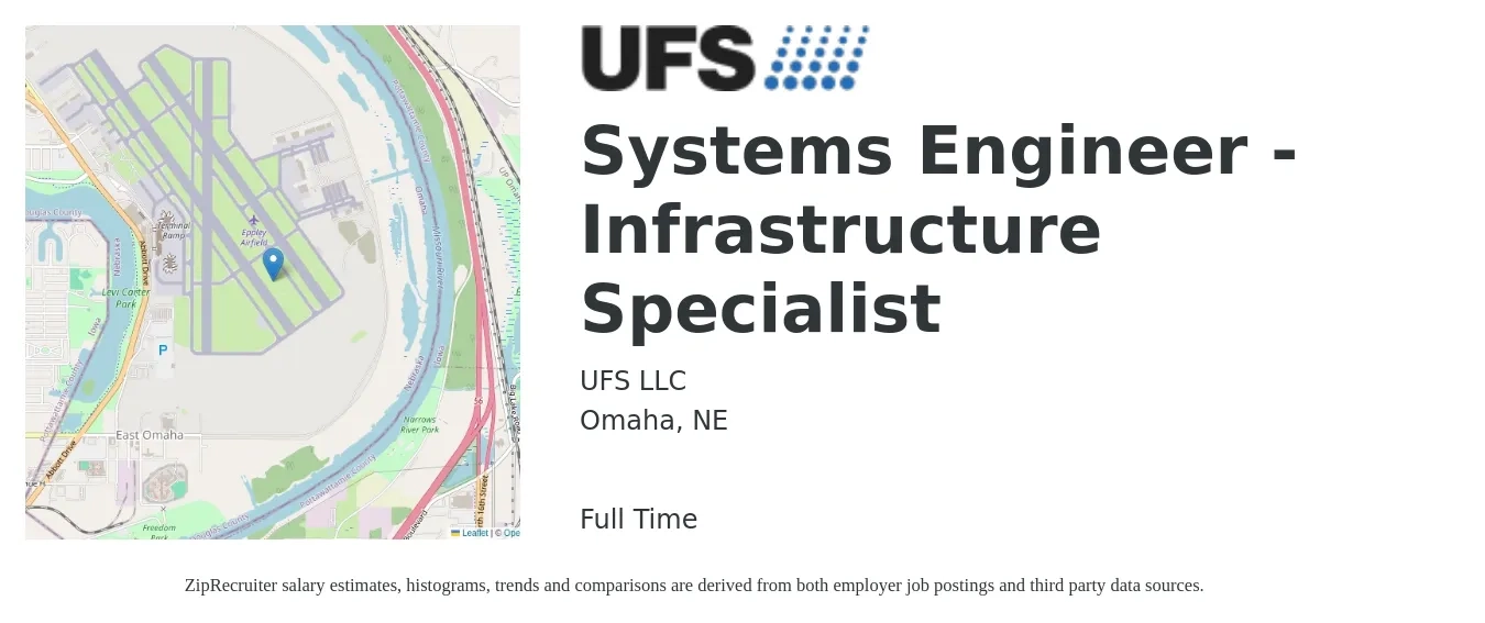 UFS LLC job posting for a Systems Engineer - Infrastructure Specialist in Omaha, NE with a salary of $90,200 to $118,300 Yearly with a map of Omaha location.