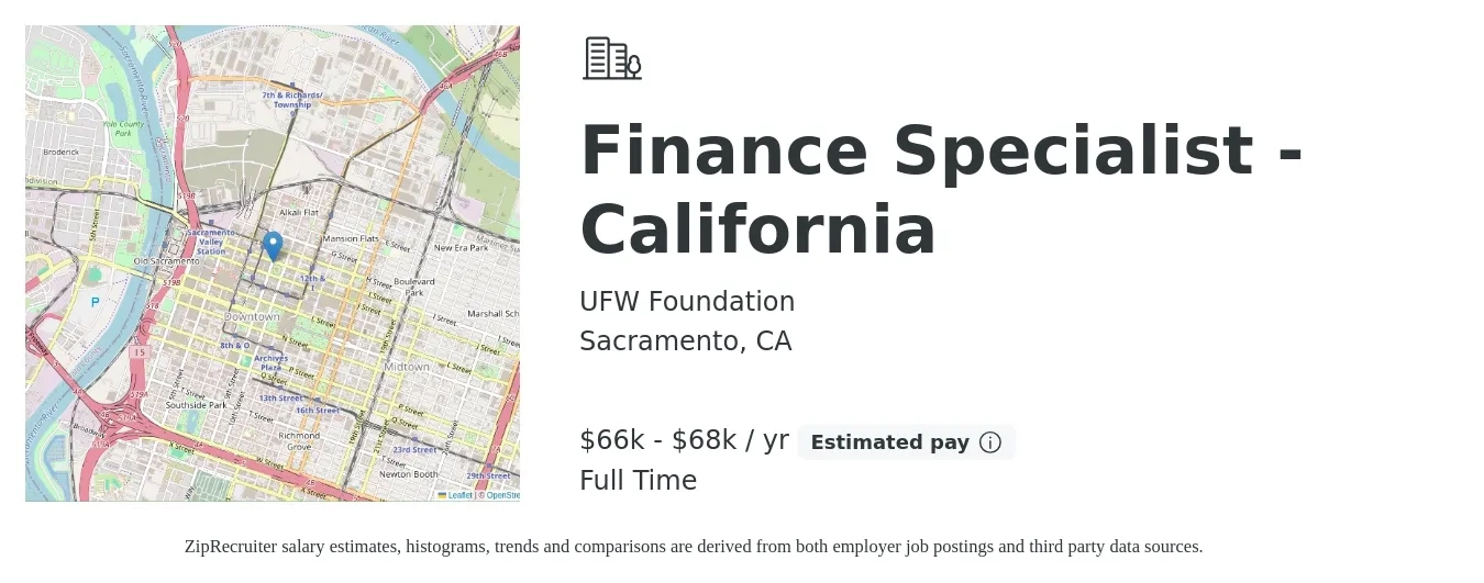 UFW Foundation job posting for a Finance Specialist - California in Sacramento, CA with a salary of $66,560 to $68,000 Yearly with a map of Sacramento location.